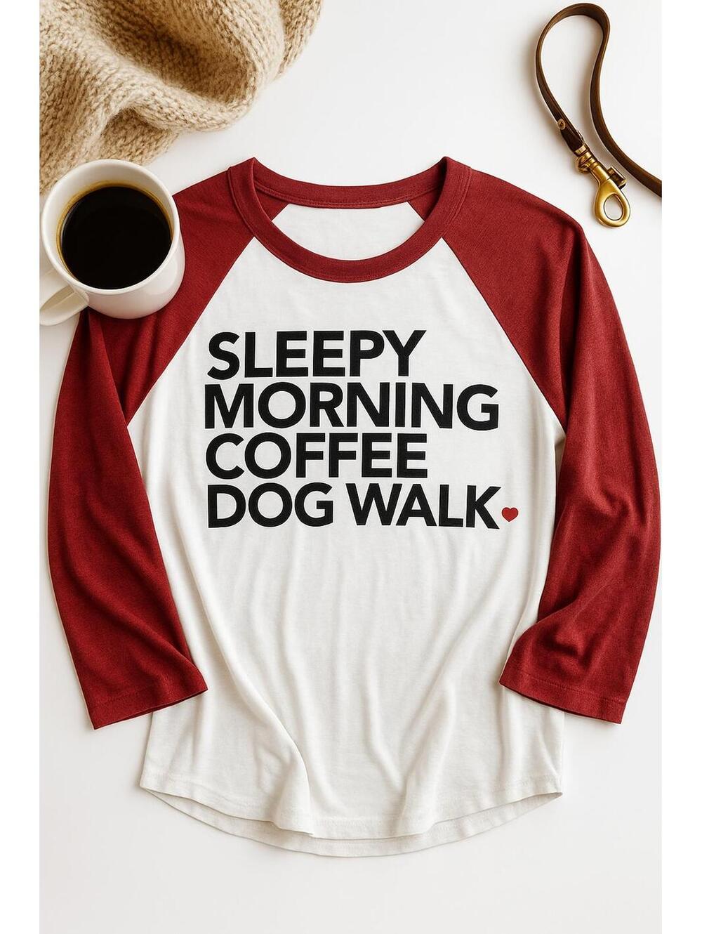 CHASOR Sleepy Morning Coffee Dog Walk Raglan Tee - Size L